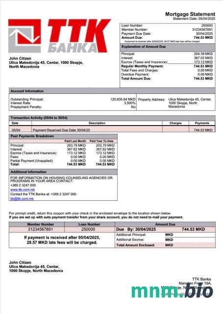 Macedonia Północna TTK Banka wyciąg z kredytu hipotecznego szablon Word i PDF